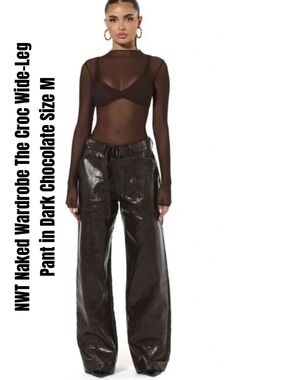 Naked Wardrobe The Croc Wide-Leg Pant in Dark Chocolate Size M